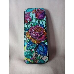 Handmade Diamond Painted Eyeglass Case Rose Floral Stained Glass Design Hard...